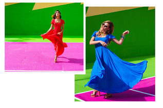 collage of images showing Dancing Leopard models in blue and red dresses