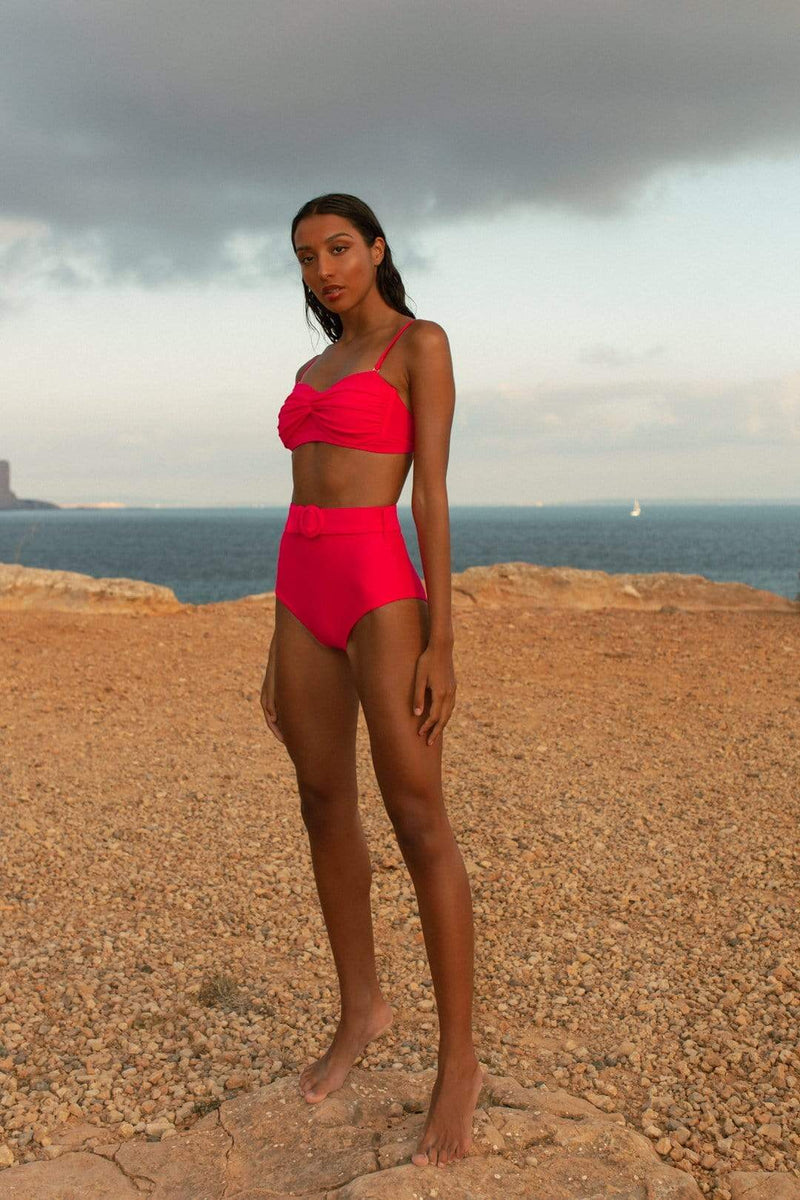 Dancing Leopard model faces forward wearing hot pink bikini while standing on beach